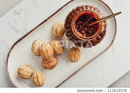 Homemade walnut shaped cookies with boiled condensed milk 111619376