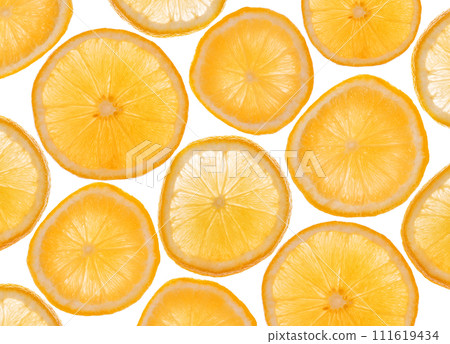 Slices of orange as background on white 111619434