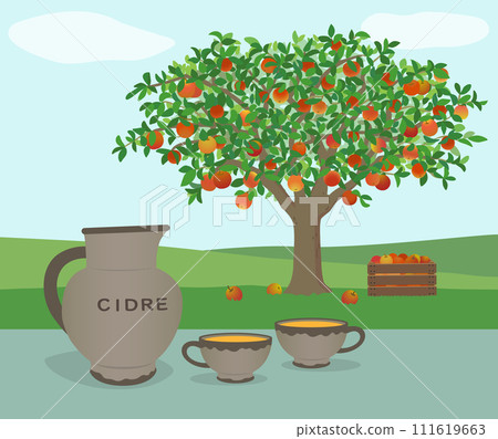 Illustration of apple tree and cider 111619663