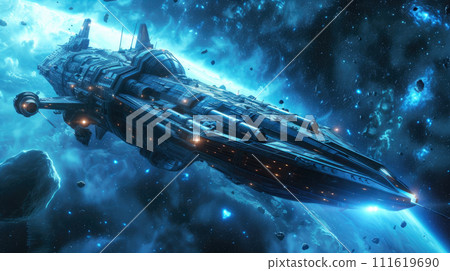 Futuristic spaceship in deep space, alien starship flying near planet during storm. Interstellar ship on dark background. Concept of travel, spacecraft, technology, science, sci-fi Futuristic spaceship in deep space, alien starship flying near planet during storm. Interstellar ship on dark background. Concept of travel, spacecraft, technology, science, sci-fi 111619690