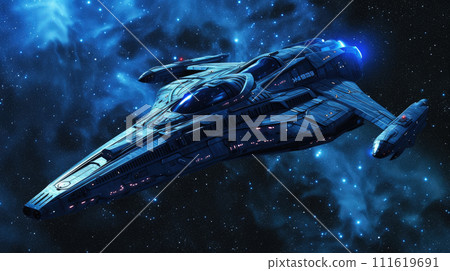 Futuristic spaceship in deep space, alien starship flying on nebula galaxy background. Interstellar ship in dark. Concept of spacecraft, technology, science, sci-fi and fantasy. 111619691