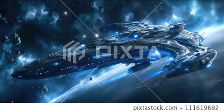 Futuristic spaceship in deep space, alien starship flying on galaxy and planet background. Interstellar spacecraft in dark. Concept of travel, technology, science and fantasy Futuristic spaceship in deep space, alien starship flying on galaxy and planet background. Interstellar spacecraft in dark. Concept of travel, technology, science and fantasy 111619692