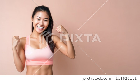 AI-generated content. Asian female fitness trainer smiling at camera on pink background  111620111