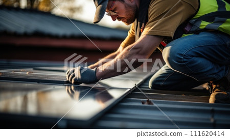 AI-generated content. Close up photo of a handyman installing solar panels on the roof. Generative AI 111620414