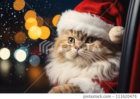 AI-generated content. Cute cat in a Santa Claus costume Christmas blurred bokeh lights. Generative AI 111620478
