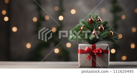 AI-generated content. Gift box with mini Christmas tree close up, empty space. Generative AI 111620495