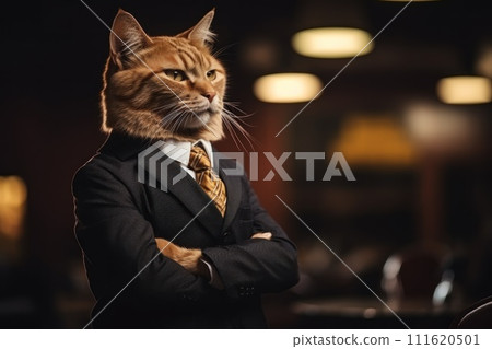 AI-generated content. Side view ginger cat wearing a black business suit Standing with arms crossed. Generative IA AI-generated content. Side view ginger cat wearing a black business suit Standing with arms crossed. Generative IA 111620501