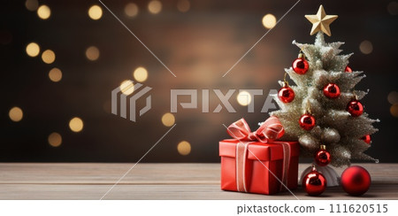 AI-generated content. Gift box with mini Christmas tree close up, empty space. Generative AI 111620515