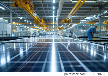 AI-generated content. Solar Panel Production Process on Advanced Factory. Generative AI 111620632