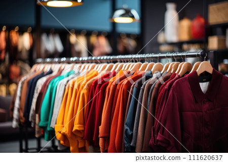 AI-generated content. Clothes hang on a rack in a clothing store. Generative AI 111620637