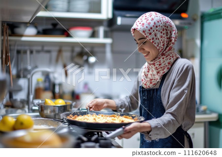 AI-generated content. Happy Muslim woman baking cake in kitchen. Generative AI AI-generated content. Happy Muslim woman baking cake in kitchen. Generative AI 111620648