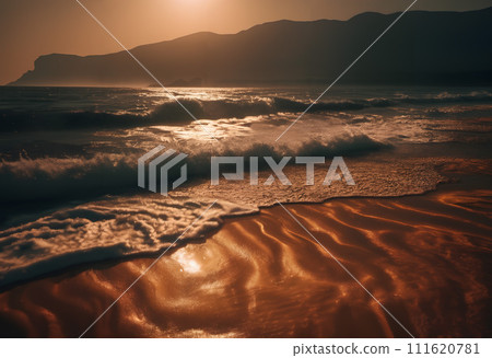 AI-generated content. A beautiful beach scene at sunset. 111620781