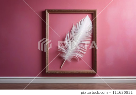 Peacock feather in a frame on a pink wall 111620831