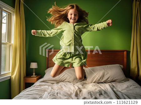 AI-generated content. little girl jumping on a bed in green clothes 111621129