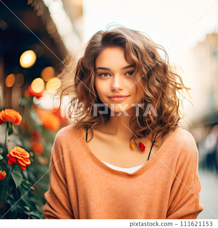 AI-generated content. Attractive woman. Beautiful woman, portrait close up. Gorgeous woman blue eyes, perfect skin, plump lips. Beauty face. Fashion portrait. Beauty model girl with curly hairstyle 111621153