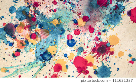 colorful and pop paint / watercolor stains and smudges, 16:9 widescreen texture on white paper background / wallpaper, 111621387