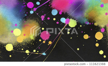 colorful and pop paint / watercolor stains and smudges, 16:9 widescreen texture on black paper background / wallpaper, 111621388