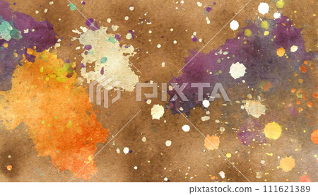 colorful paint / watercolor stains and smudges, 16:9 widescreen texture on brown paper background / wallpaper, 111621389