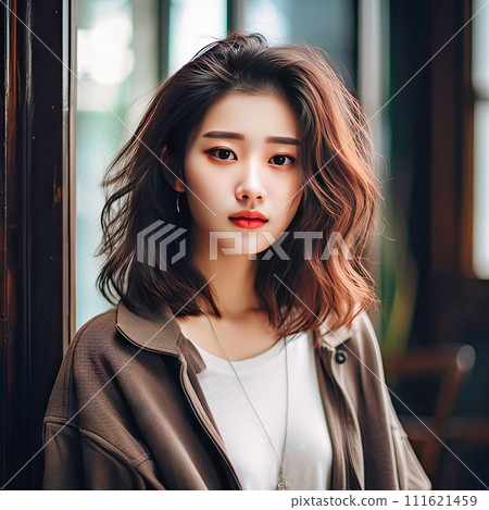 AI-generated content. Attractive woman. Beautiful woman, portrait close up. Gorgeous woman blue eyes, perfect skin, plump lips. Beauty face. Fashion portrait. Beauty model girl with curly hairstyle 111621459