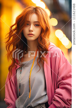 AI-generated content. Attractive woman. Beautiful woman, portrait close up. Gorgeous woman blue eyes, perfect skin, plump lips. Beauty face. Fashion portrait. Beauty model girl with curly hairstyle 111621488