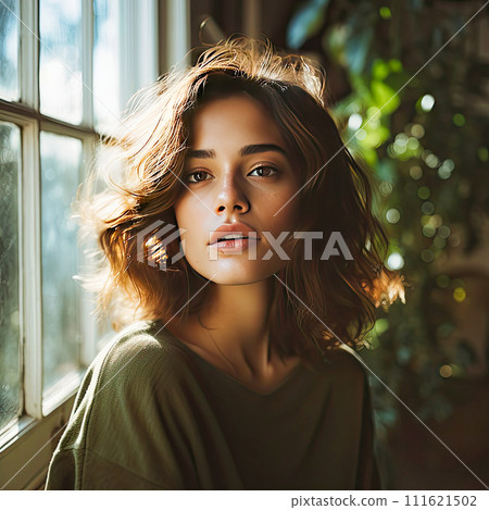 AI-generated content. Attractive woman. Beautiful woman, portrait close up. Gorgeous woman blue eyes, perfect skin, plump lips. Beauty face. Fashion portrait. Beauty model girl with curly hairstyle 111621502