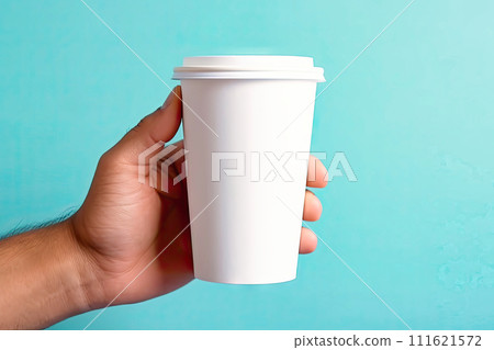AI-generated content. Hand holding white paper cup in the style of minima 111621572