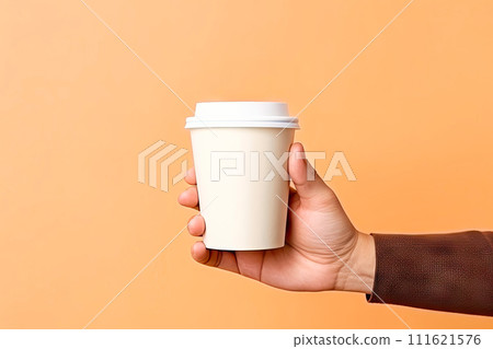 AI-generated content. Hand holding white paper cup in the style of minima 111621576