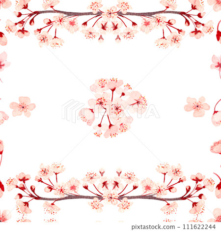 Watercolor hand drawn pink sakura flower branch seamless pattern isolated on white 111622244