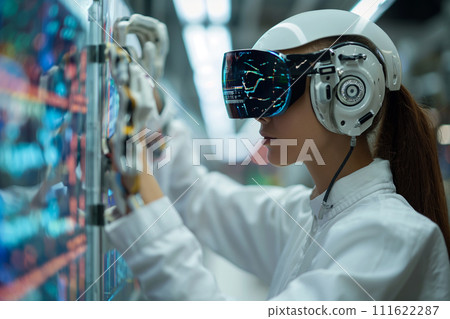 A female engineer wearing virtual reality goggles and a robotic arm in a futuristic high-tech manufacturing setting. 111622287