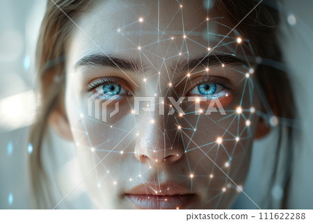 Close-up of a woman's face with digital biometric grid lines, illustrating advanced facial recognition technology. Close-up of a woman's face with digital biometric grid lines, illustrating advanced facial recognition technology. 111622288