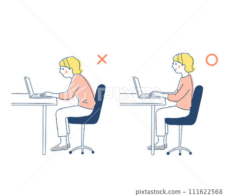 伏案工作的女性：不良姿勢與良好姿勢的比較 111622568