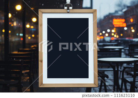 AI-generated content. Blank wooden framed menu mock up board displayed outside bar, with glowing street lights and a vibrant city atmosphere in the evening. 111623110