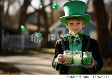 AI-generated content. A young boy dressed as a leprechaun holding jars of gold and green candies for St. Patrick's Day. Copy spacy for text 111623113