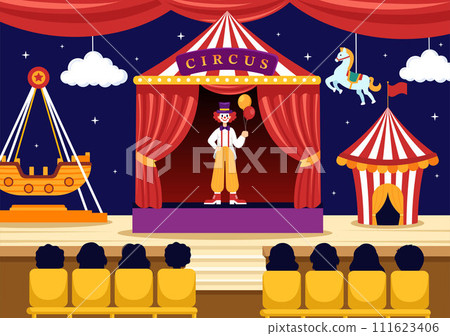 Circus Vector Illustration with Show of Gymnast, Magician, Animal Lion Tiger, Host, Entertainer, Clowns and Amusement Park in Flat Cartoon Background 111623406