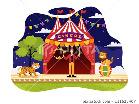 Circus Vector Illustration with Show of Gymnast, Magician, Animal Lion Tiger, Host, Entertainer, Clowns and Amusement Park in Flat Cartoon Background Circus Vector Illustration with Show of Gymnast, Magician, Animal Lion Tiger, Host, Entertainer, Clowns and Amusement Park in Flat Cartoon Background 111623407