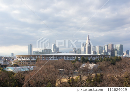 National Stadium and Shinjuku cityscape 111624029
