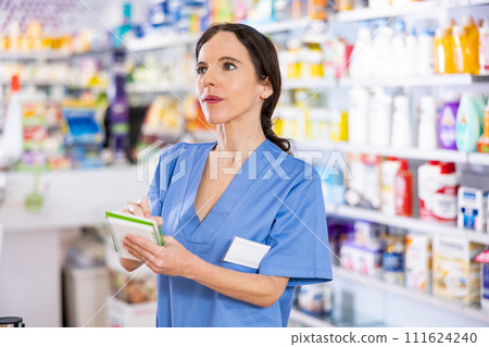 Portrait of female pharmacist working in drugstore Portrait of female pharmacist working in drugstore 111624240