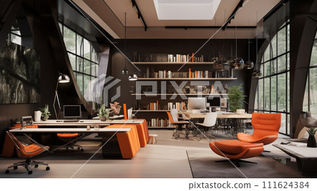 Stylish office real estate image in warm colors modern minimal office lounge Stylish office real estate image in warm colors modern minimal office lounge 111624384
