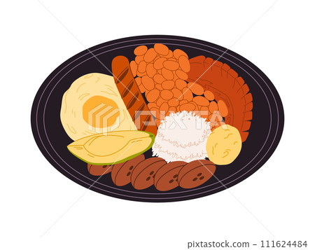 bandeja paisa traditional food colombia made from meat fried egg sausage beans avocado and plantain eaten with rice delicious cuisine bandeja paisa traditional food colombia made from meat fried egg sausage beans avocado and plantain eaten with rice delicious cuisine 111624484