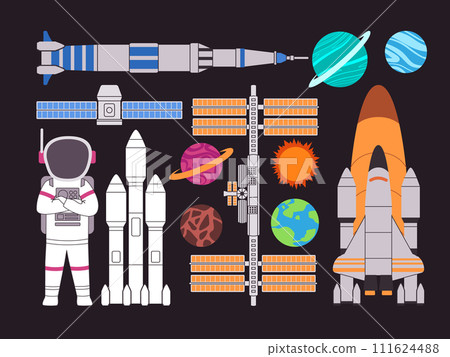 astronaut costume with planet satellite and rocket galaxy universe space environment 111624488