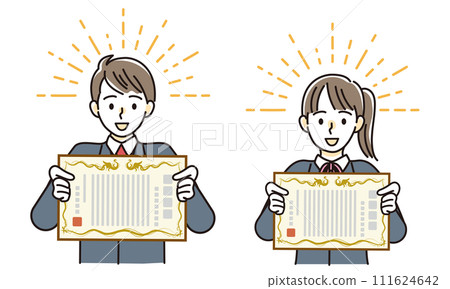 Male and female students looking happy with their diplomas 111624642