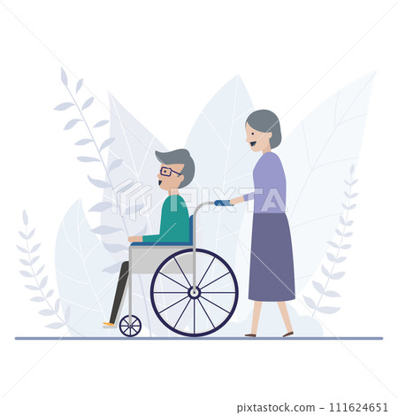 An old woman enjoying a walk with an old man in a wheelchair 111624651