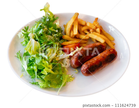 Sausages served with potatoes and salad Sausages served with potatoes and salad 111624739