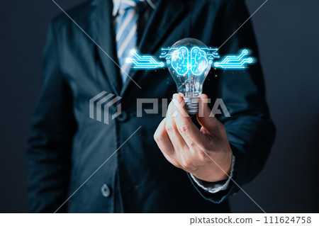 person hand holding power lightbulb and pretend to think, inspiration, creativity and imagination concept, innovation technology success business. Digital transformation. Ai technology. 111624758