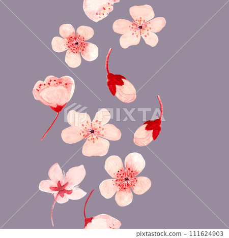 A collection of pink blossoms on a vibrant purple backdrop 111624903