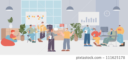Office open space plan scene of people employee coworker colleague working together collaboration in a workspace busy many team illustration cartoon 111625178