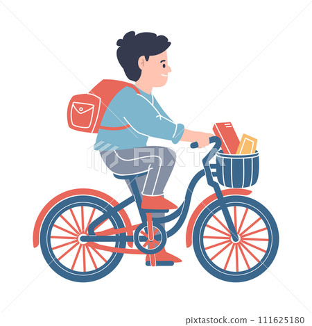 Man riding bicycle flat courier delivery bring bag and basket colorful flat character with outline 111625180