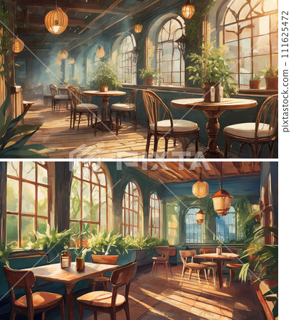 Image of a stylish cafe (2 images) | Edit adobe AI-generated image that clears copyright issues 111625472