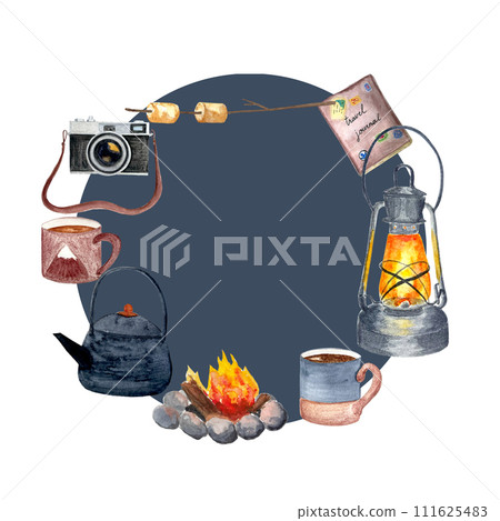 A circle with tableware, drinkware, kitchen utensil around campfire on a gray background 111625483