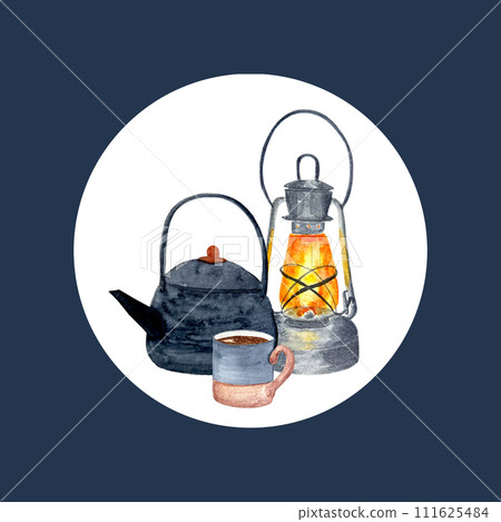 Watercolor hand drawn art of a teapot, cup, and lantern logo Watercolor hand drawn art of a teapot, cup, and lantern logo 111625484